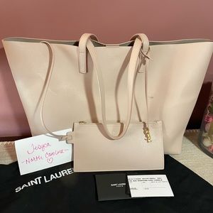 YSL Yves Saint Laurent Beige Pink Leather Shopping Tote Bag